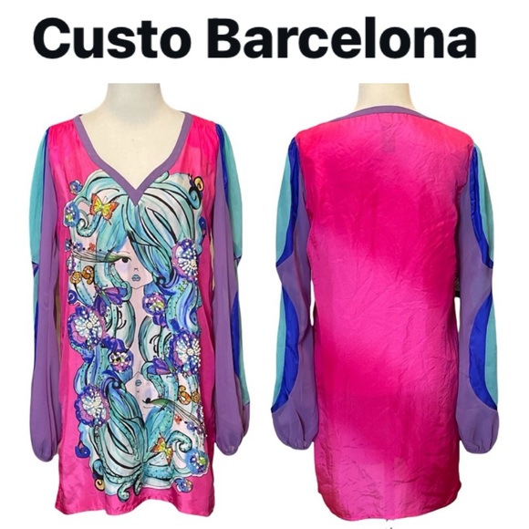 VINTAGE CUSTO BARCELONA Y2K RETRO SILK LONG SLEEVE MOD TUNIC DRESS - Picture 1 of 14